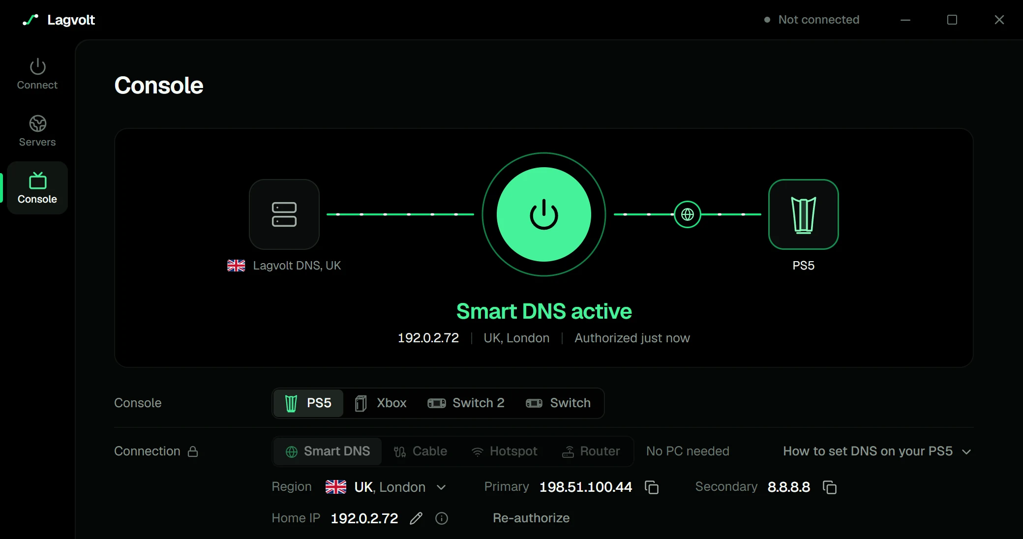 The Console screen with Smart DNS on: the DNS addresses to set on the console and the authorized home IP